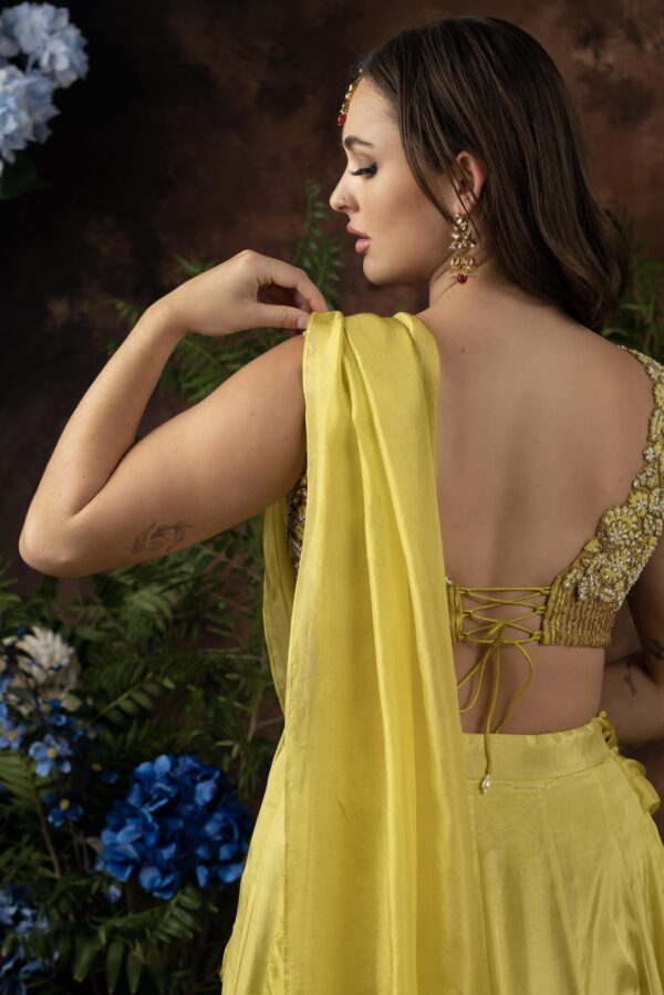 The back of a woman wearing Miraya silk saree.