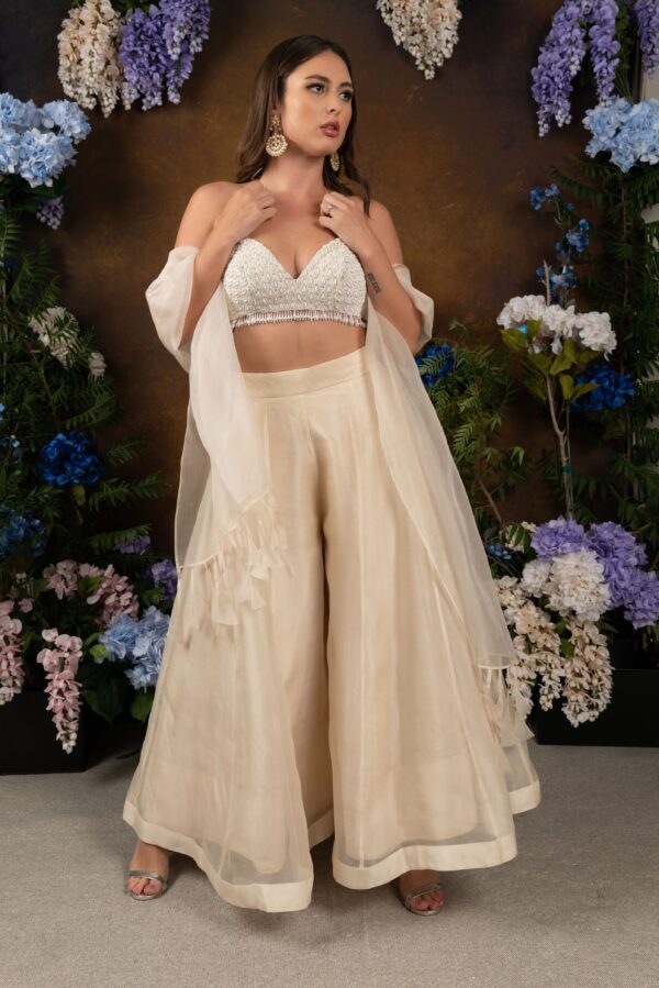 The model is wearing an Ivory Pant Lehengha set and a white blouse.